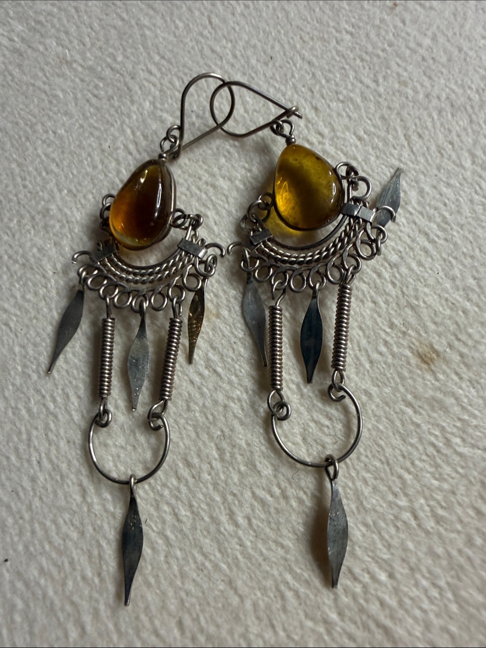 Amber Teardrop Dangle Earrings with Silver Accents